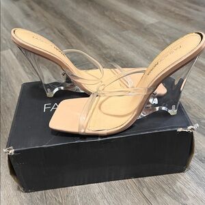 Fashion Nova Nude Square-Toe Clear-Strap Heeled Wedges